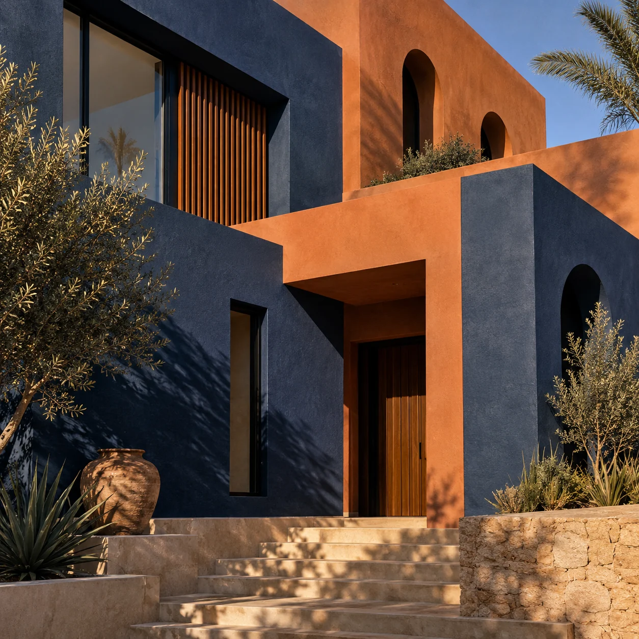 Façade contemporaine bleu profond et terre cuite