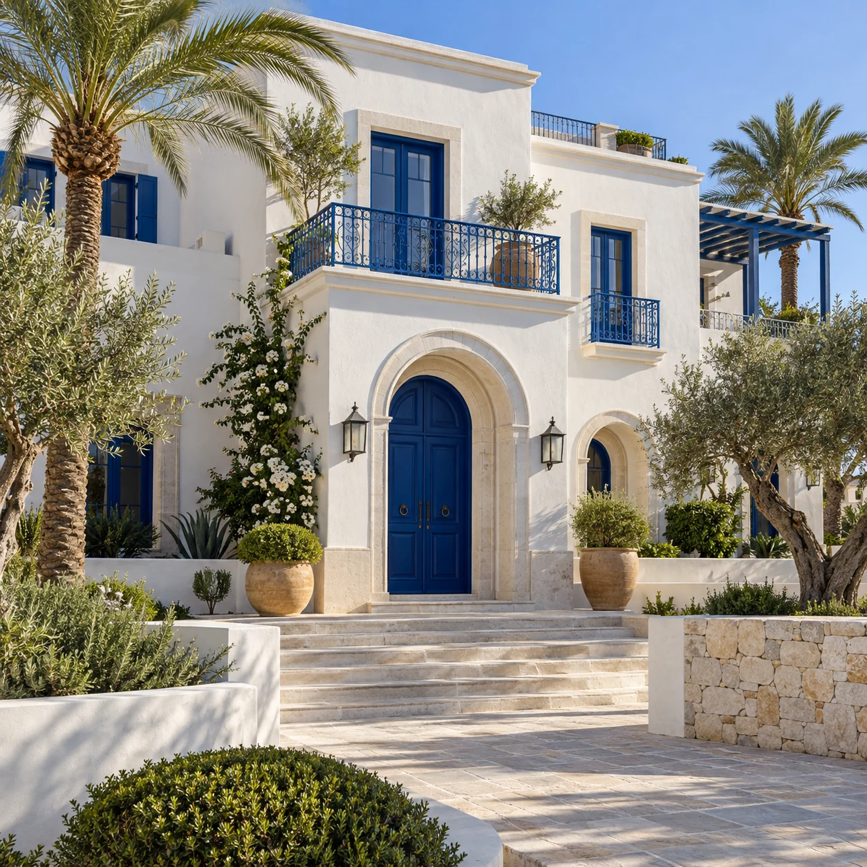 Villa méditerranéenne blanche aux détails bleu profond