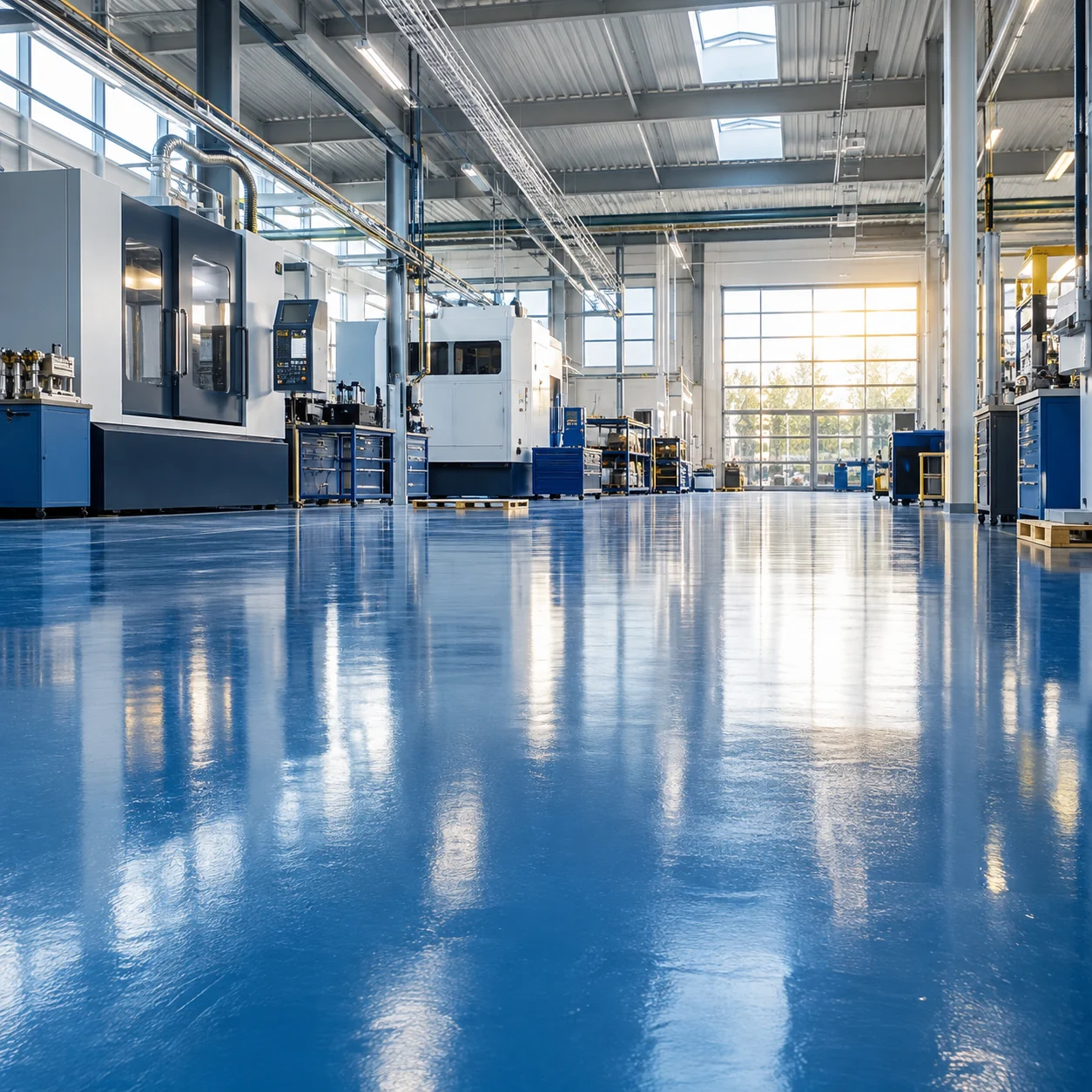 Sol époxy bleu dans un atelier industriel moderne