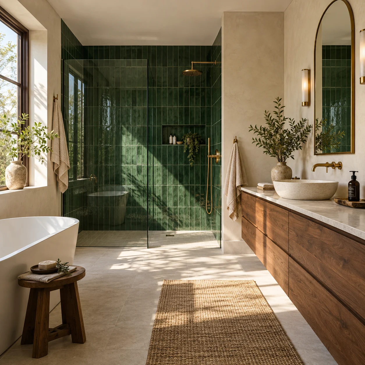 Salle de bain rénovée avec faïence vert profond