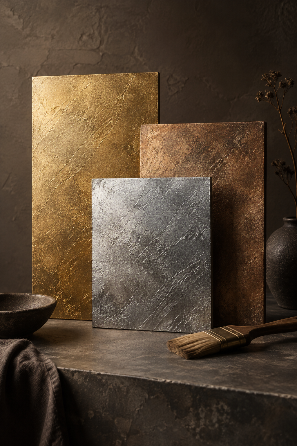 Échantillons de finitions dorée, bronze et argentée